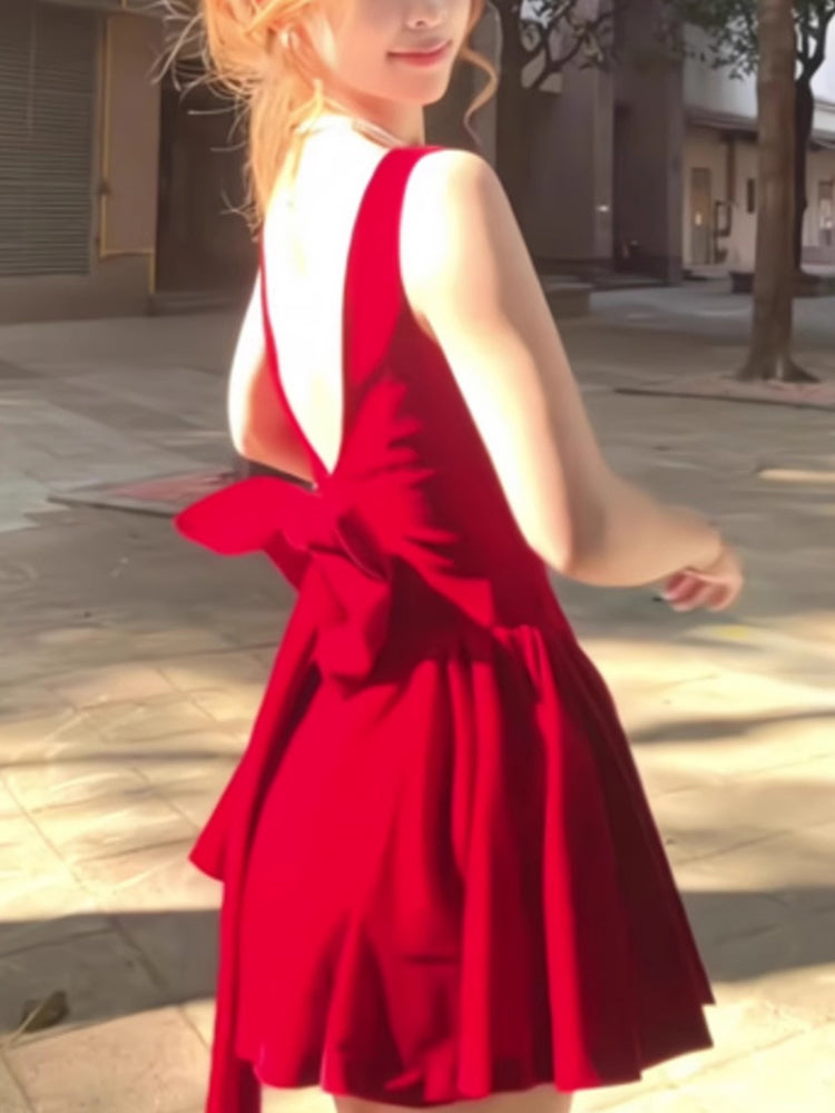 French style bowknot backless suspender dress for women high-end waist dress R3142