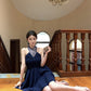 Blue halter dress with rhinestones, slim waist, A-line short dress R0571