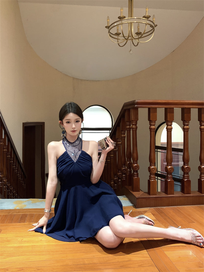 Blue halter dress with rhinestones, slim waist, A-line short dress R0571