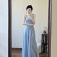 Blue hollow suspender dress temperament waist A-line long skirt R0568