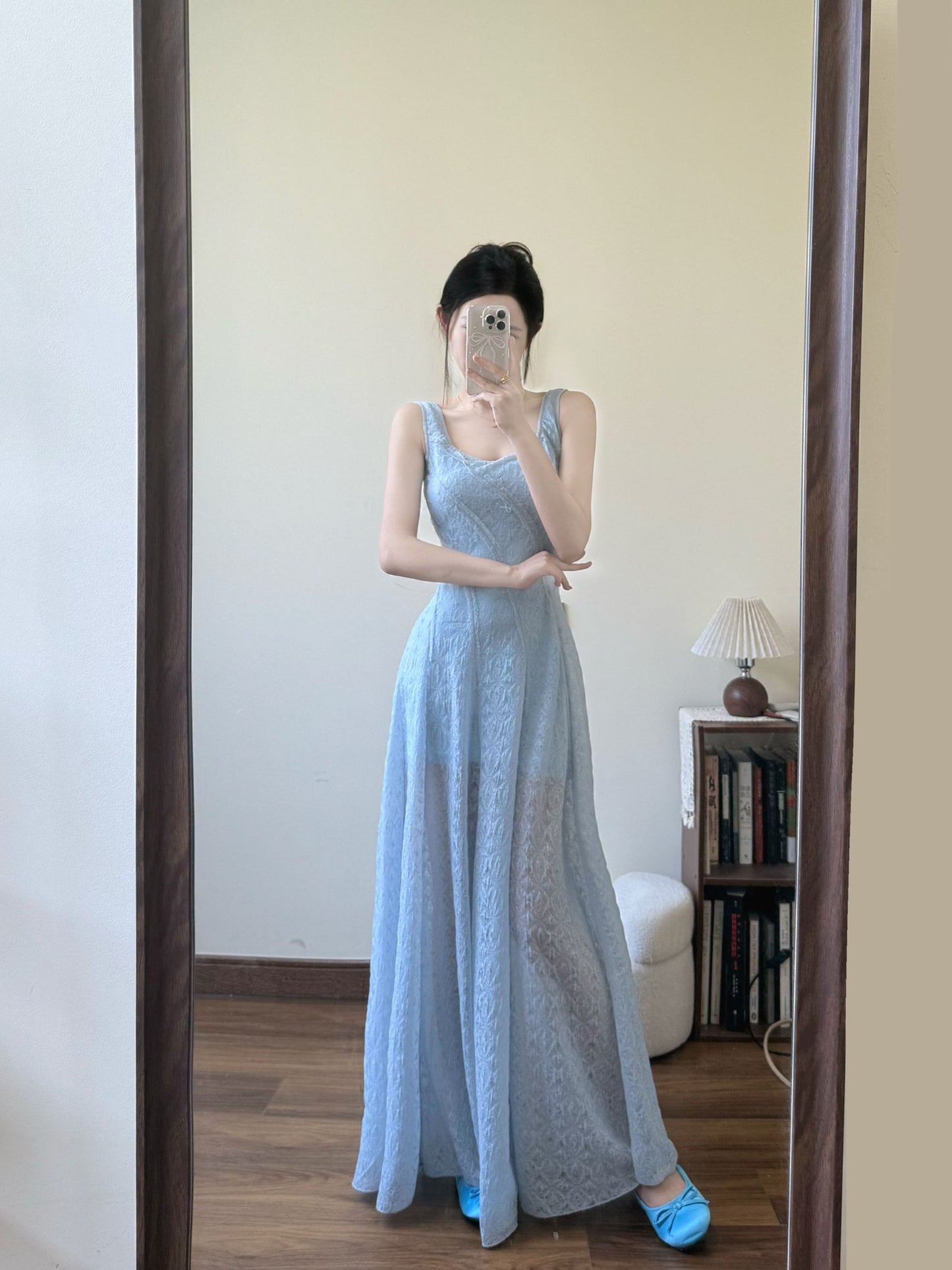 Blue hollow suspender dress temperament waist A-line long skirt R0568