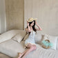 Blue jacquard suspender dress two-piece set beautiful waist slim hip skirt R0564