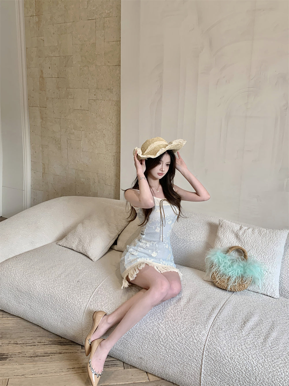 Blue jacquard suspender dress two-piece set beautiful waist slim hip skirt R0564