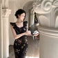 Holiday design small flying sleeves black floral dress slim fit temperament hip long skirt R1785