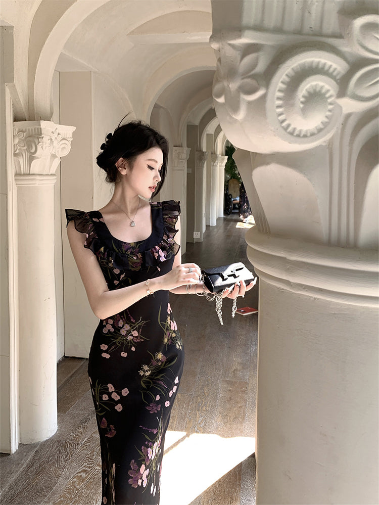 Holiday design small flying sleeves black floral dress slim fit temperament hip long skirt R1785