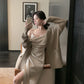 French silk satin sexy slit V-neck dress with suspenders evening dress R1487
