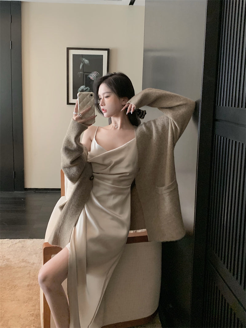 French silk satin sexy slit V-neck dress with suspenders evening dress R1487