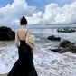 Black suspender dress slim sexy temperament slit silk satin holiday wear skirt R1443