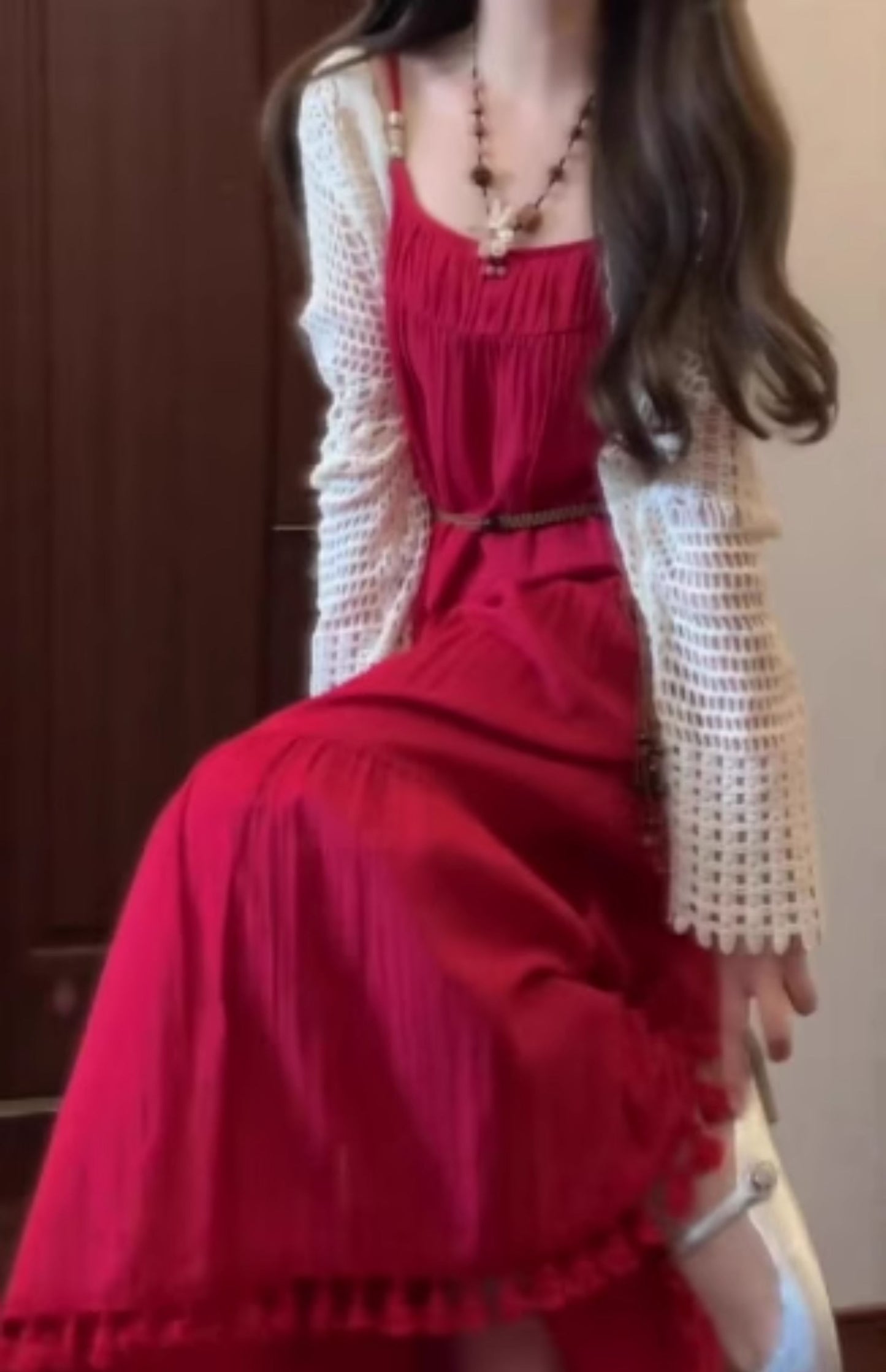 Retro red suspender dress holiday style temperament waist A-line long skirt R0682