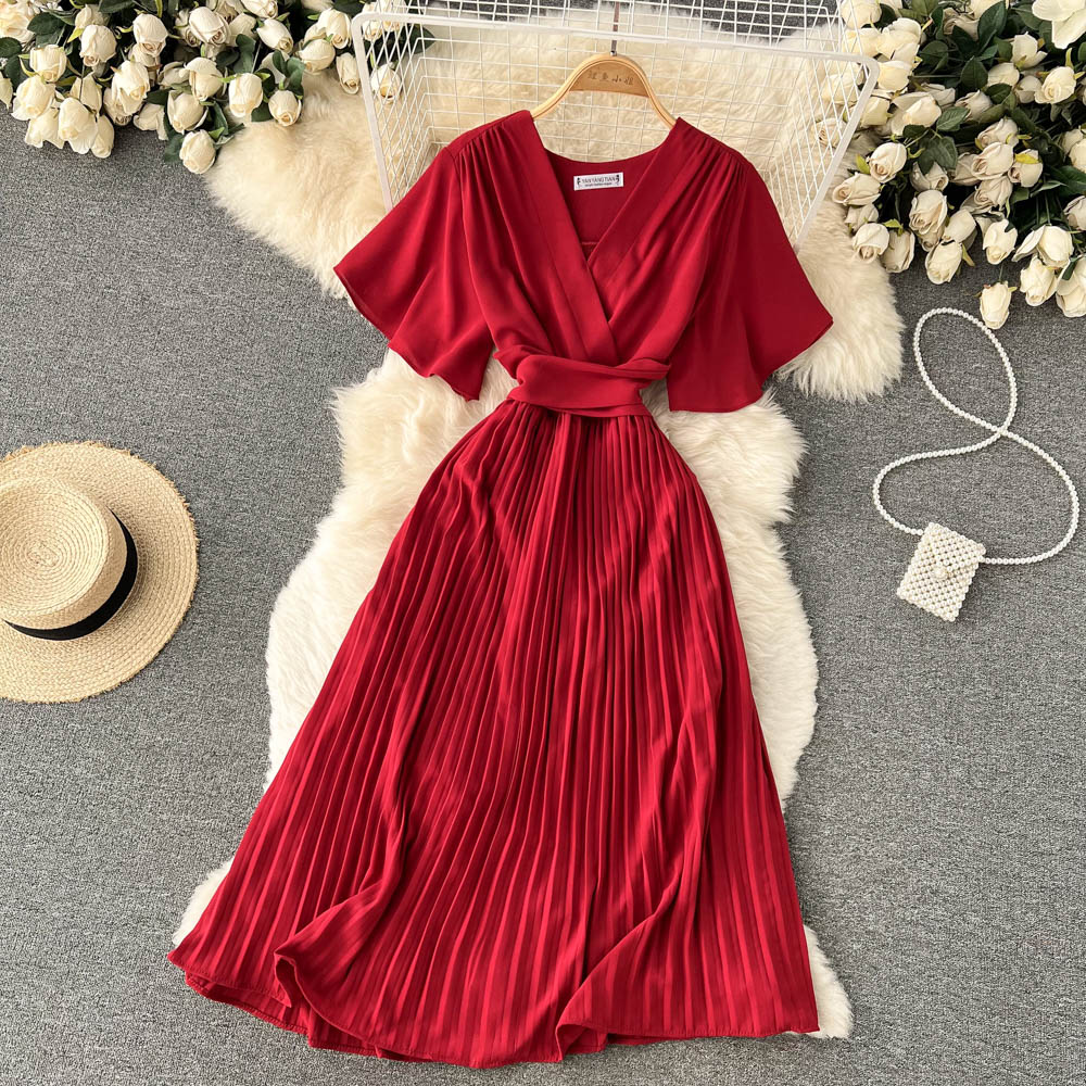 French slim fit long holiday style chiffon pleated maxi dress temperament V-neck dress R2353