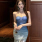 Blue gradient tube top dress 2025 new waist slim fit hip skirt R0563