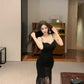 Blue jacquard suspender dress two-piece set beautiful waist slim hip skirt R0565