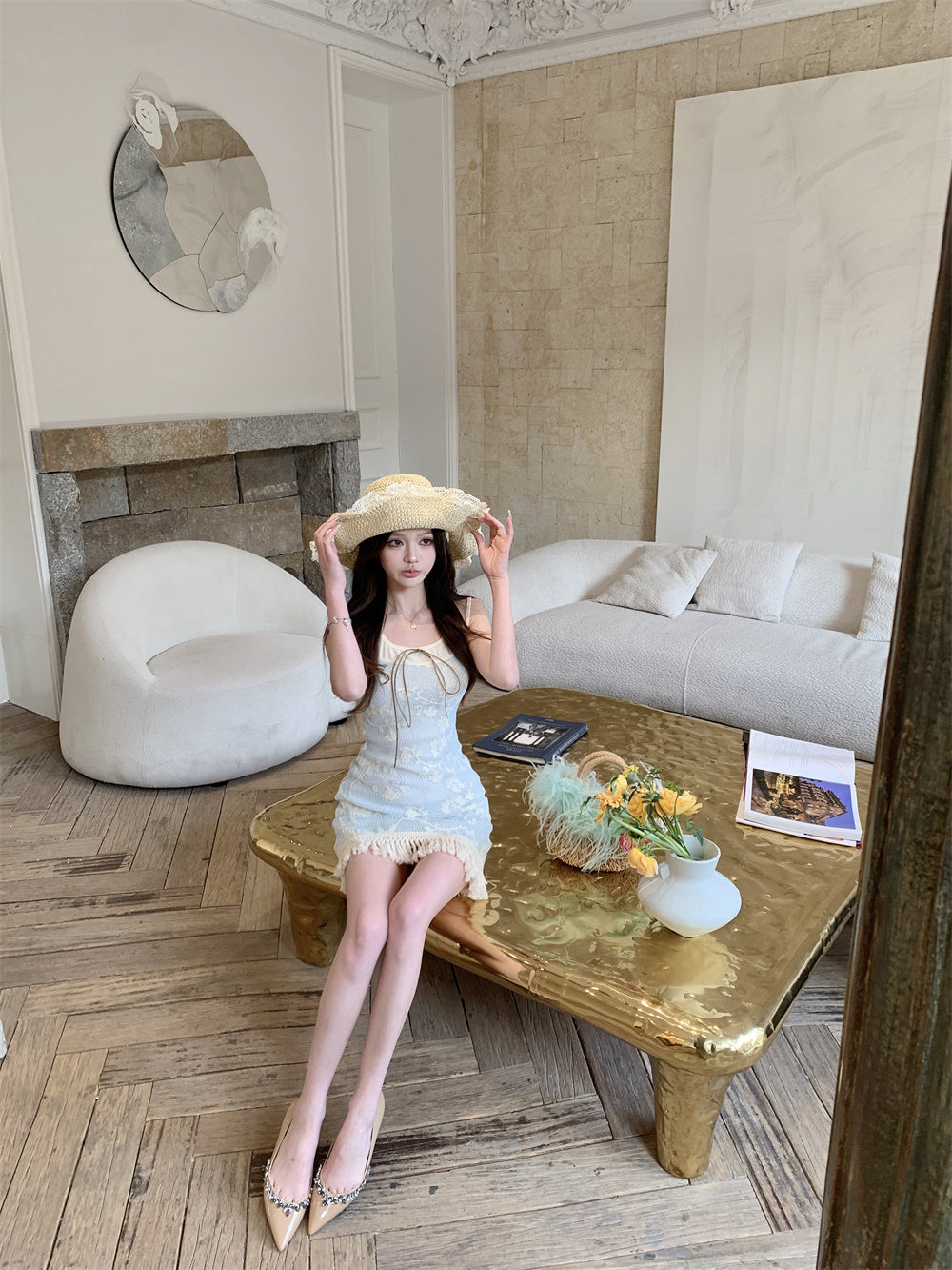 Blue jacquard suspender dress two-piece set beautiful waist slim hip skirt R0564