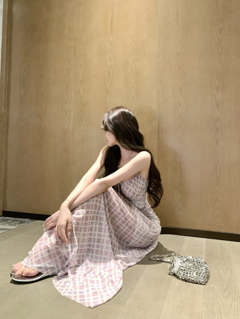 Purple suspender dress beautiful waist a-line beach dress R0587