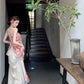French style beautiful sling dress seaside holiday green print dress beach dress R1564