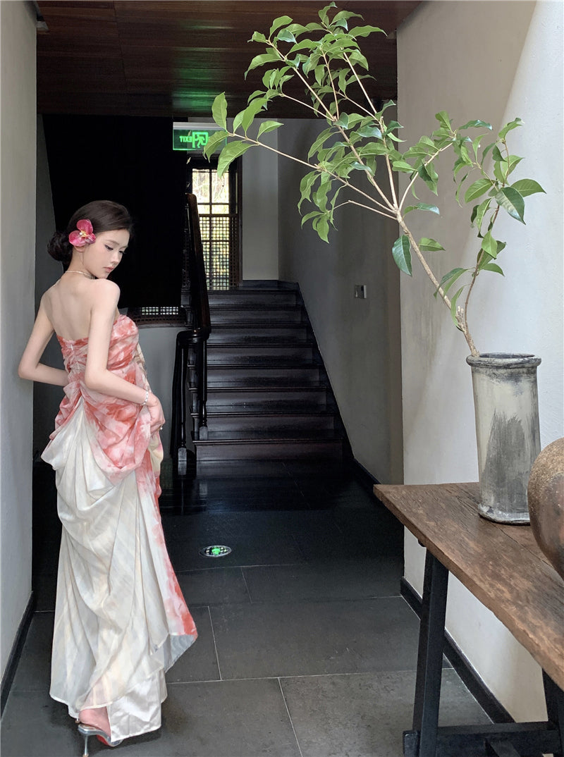 French style beautiful sling dress seaside holiday green print dress beach dress R1564