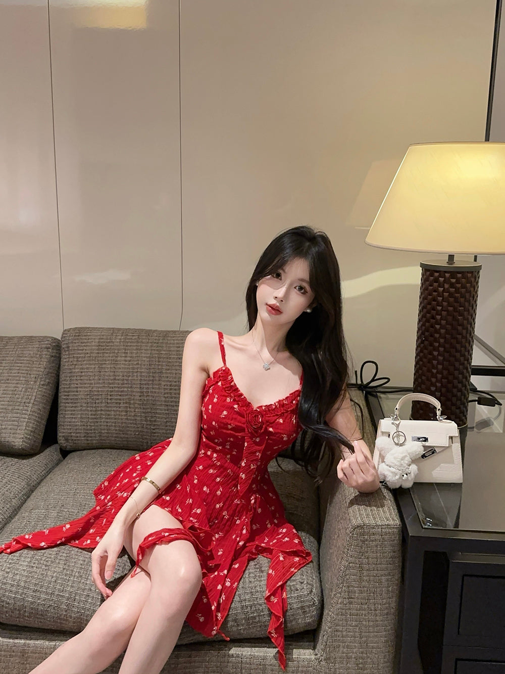 Sweet and sexy floral camisole irregular high waist design slim fit short skirt R3627