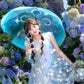 Gentle and sweet style blue flower short-sleeved dress holiday style A-line long skirt R0721