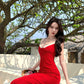 Retro red suspender dress 2025 new holiday style temperament figure waist hip skirt R0722