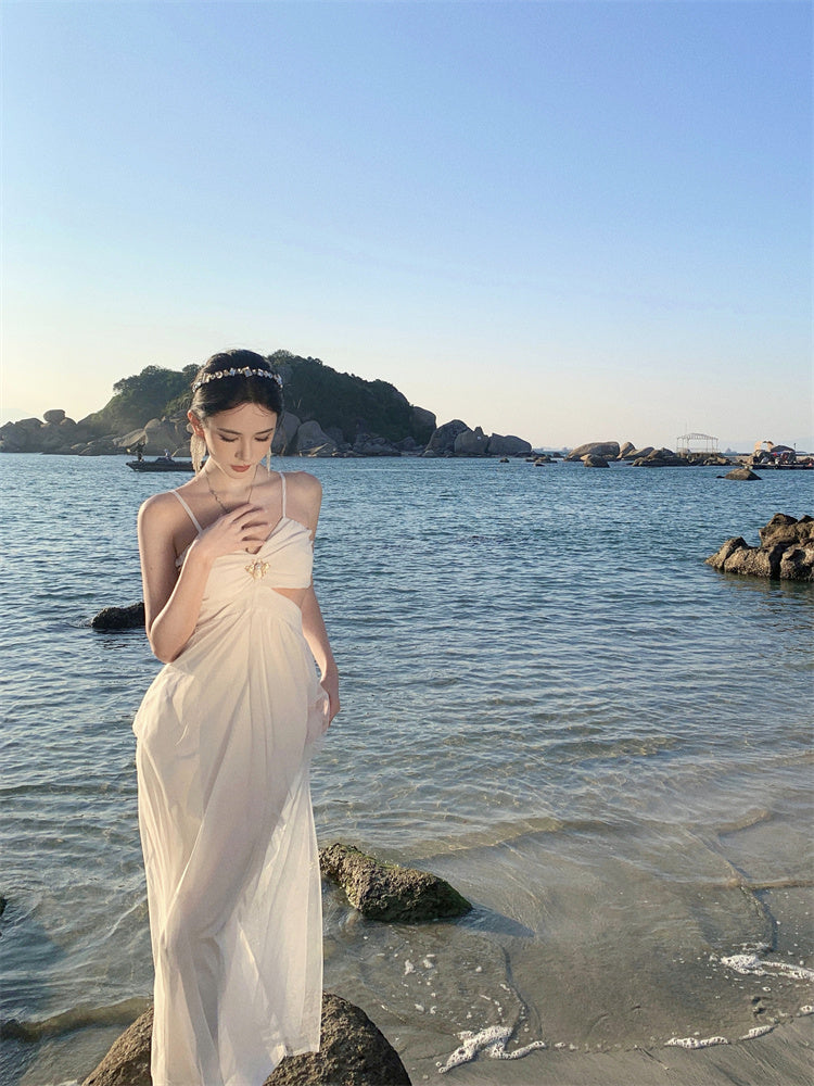 White hollow suspender dress gentle temperament waist backless A-line long skirt R0596