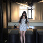 Black and white polka dot one-shoulder dress with elegant waist and slim fit A-line short skirt R0811