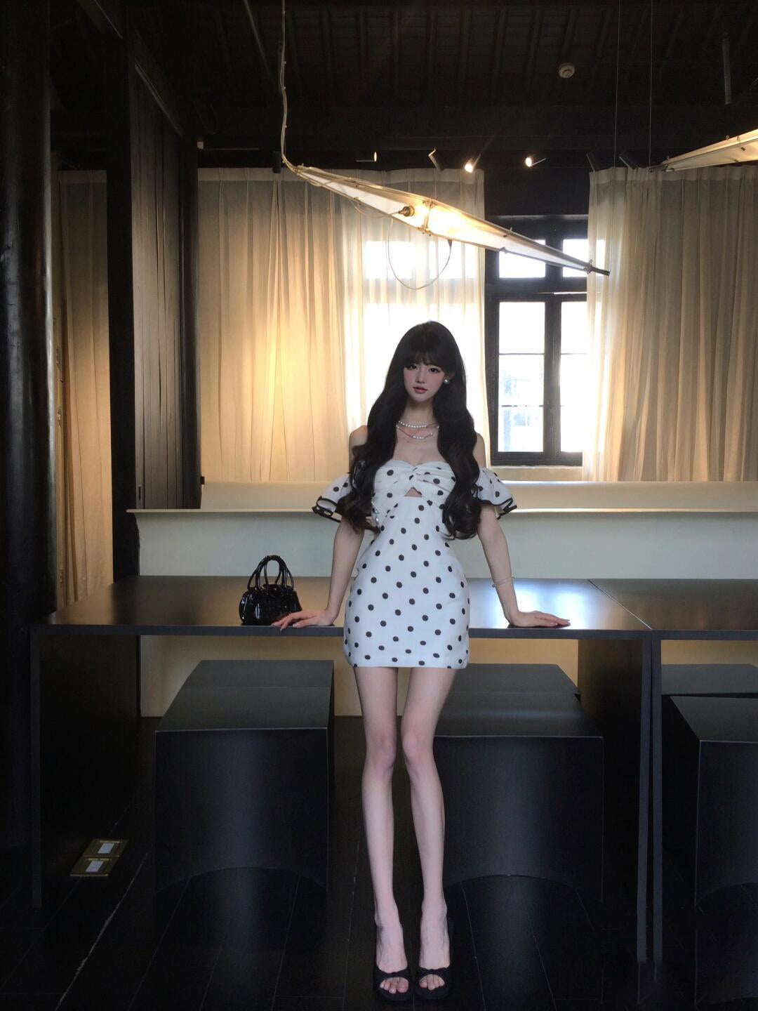 Black and white polka dot one-shoulder dress with elegant waist and slim fit A-line short skirt R0811