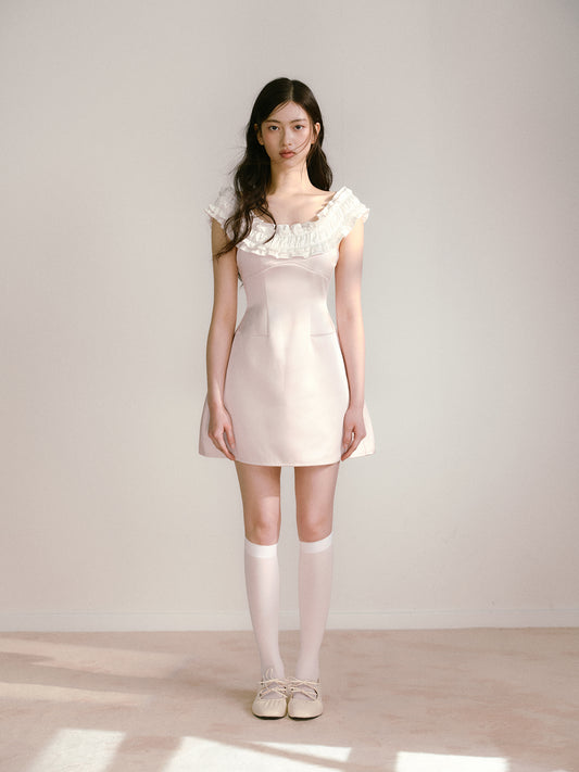 Pink satin with white ruffled edge contrasting one-shoulder waist dress R5132