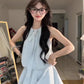 Blue halter dress gentle temperament waist a-line short skirt summer skirt R0836