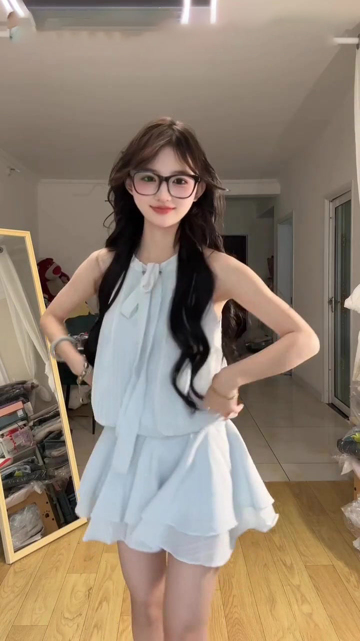 Blue halter dress gentle temperament waist a-line short skirt summer skirt R0836