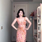 Pink floral suspender dress beautiful waist slim hip skirt R0622