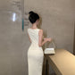 Square neck suspender dress with elegant waist, slim fit and hip-hugging high-end skirt R1453
