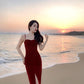Retro red velvet suspender dress French style temperament small dress R1465