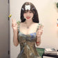 Blurred floral suspender dress temperament waist A-line beach dress R0659