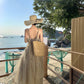 Retro printed suspender dress gentle temperament A-line long skirt R0660