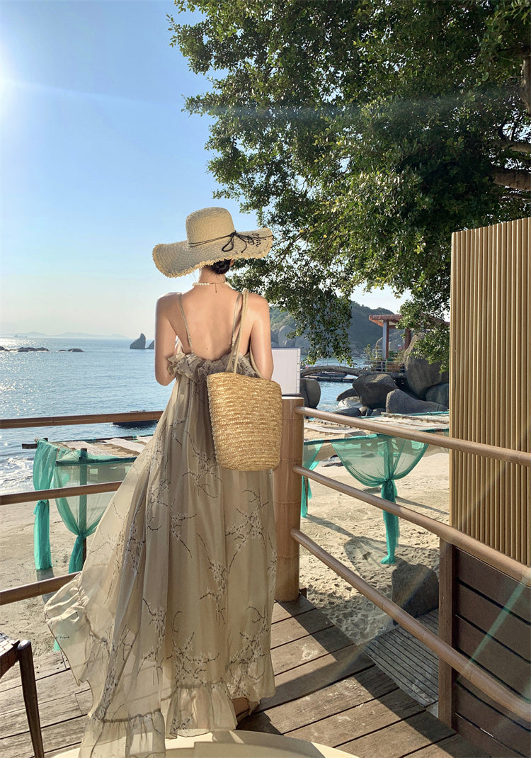 Retro printed suspender dress gentle temperament A-line long skirt R0660