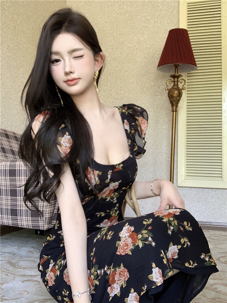 Temperament high-end retro floral dress super beautiful long skirt R0646