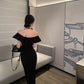 Hepburn style French sexy black one-shoulder dress slim fit temperament hip long skirt R1820