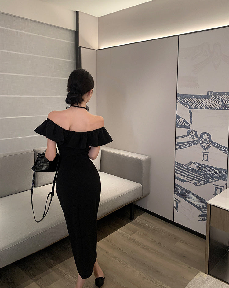 Hepburn style French sexy black one-shoulder dress slim fit temperament hip long skirt R1820