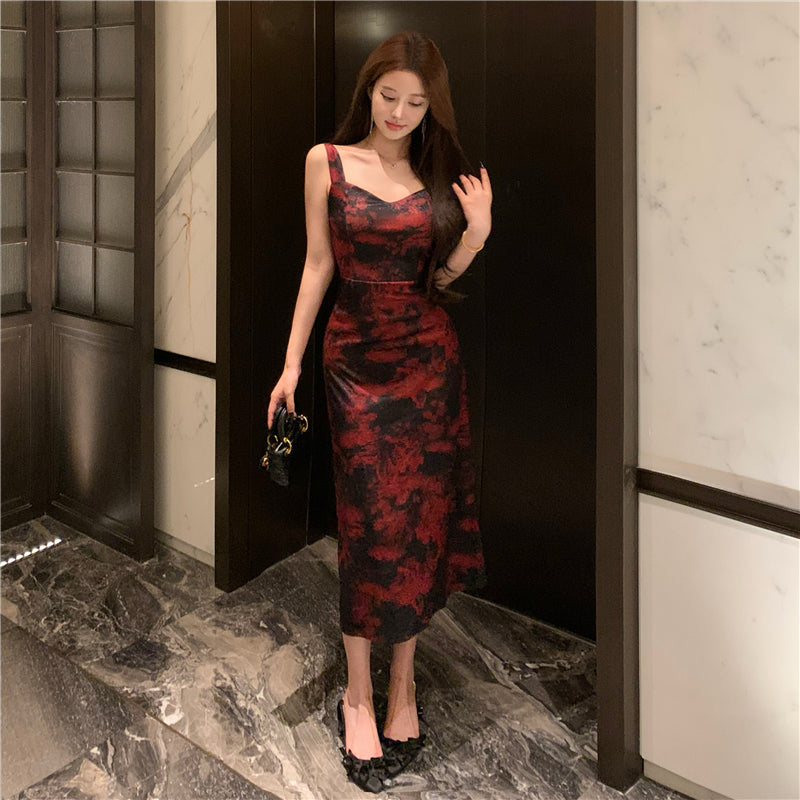 Light and mature retro print suspender dress waist and hip long skirt R0593