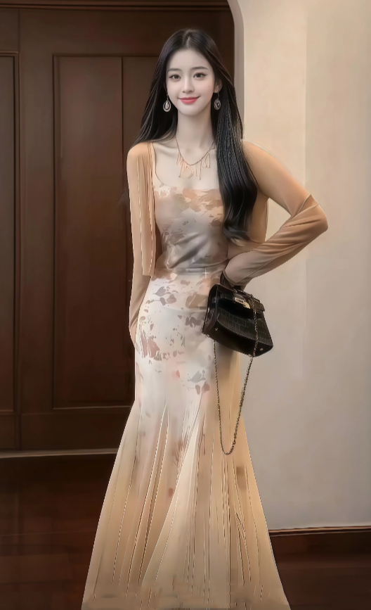 Floral suspender skirt gentle temperament beautiful waist slim hip skirt R0637