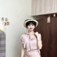 Wear a gentle and elegant pink polka dot long-sleeved shirt and skirt two-piece suit R0897