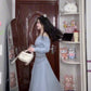 Summer beautiful vacation gentle style blue one shoulder top a line skirt two piece set R0898