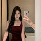 French suspender dress autumn wine red slim waist velvet hip fishtail Christmas dress R1439