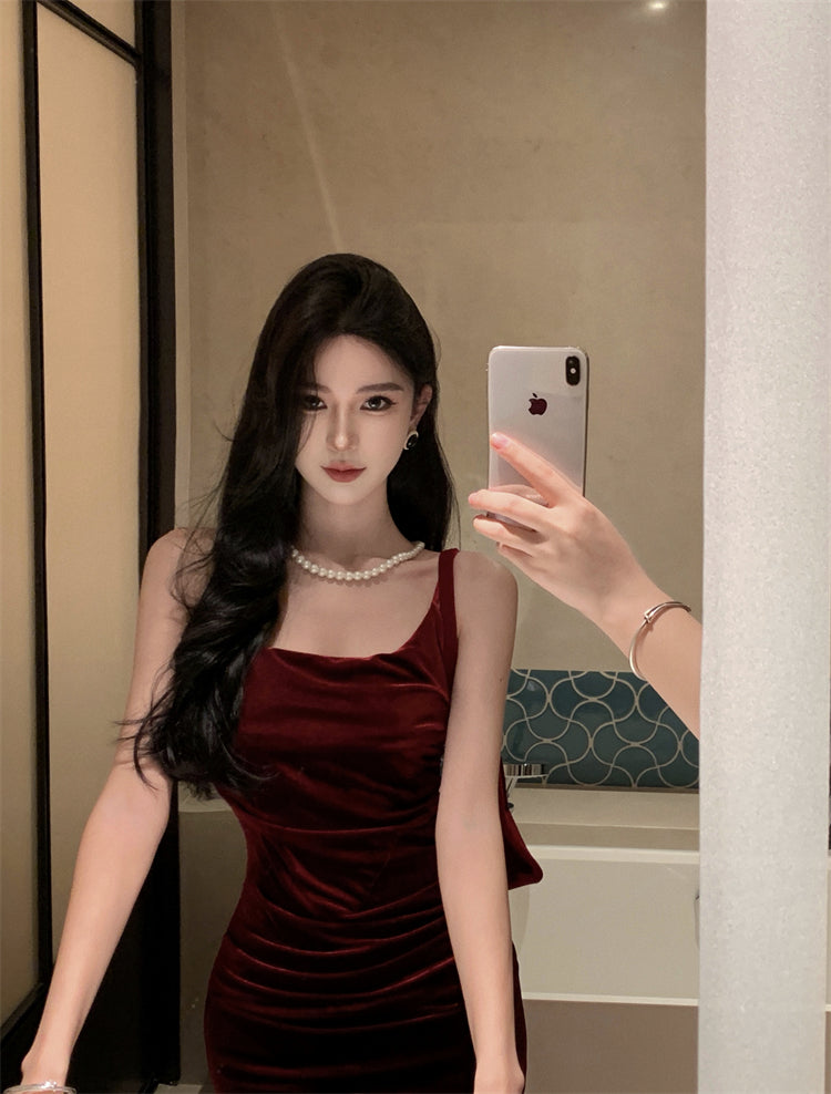 French suspender dress autumn wine red slim waist velvet hip fishtail Christmas dress R1439