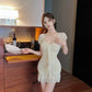 Ruffled tassel mesh dress pure and sweet high waist backless slim fit pleated hip skirt R3716