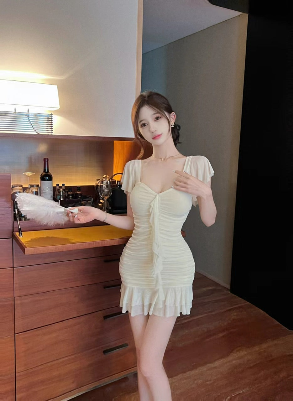 Ruffled tassel mesh dress pure and sweet high waist backless slim fit pleated hip skirt R3716