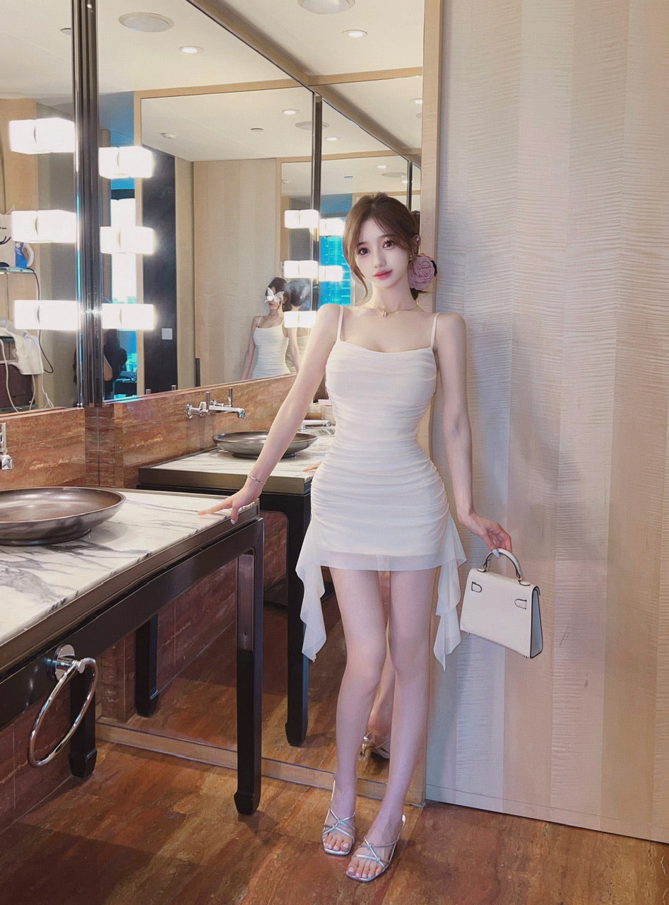 French sexy suspender dress sweet high waist slim fit ruffled slimming collar hip skirt R3749