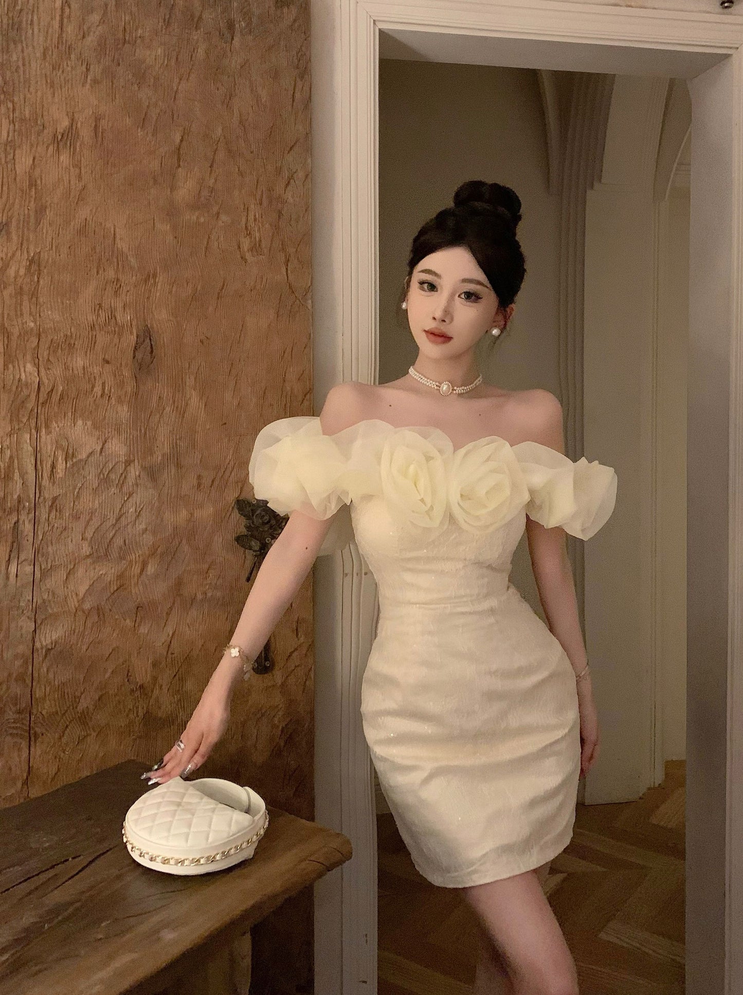 Temperament flower one-shoulder dress niche design banquet small dress R0797