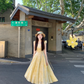 Summer skirt beautiful waist A-line long skirt yellow gradient floral dress R0837