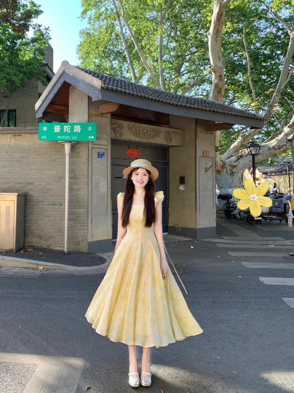 Summer skirt beautiful waist A-line long skirt yellow gradient floral dress R0837